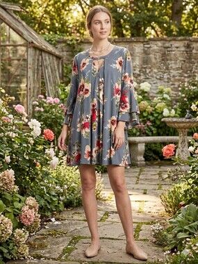 JODIFL Gray & Vibrant Floral Tunic Swing Dress
